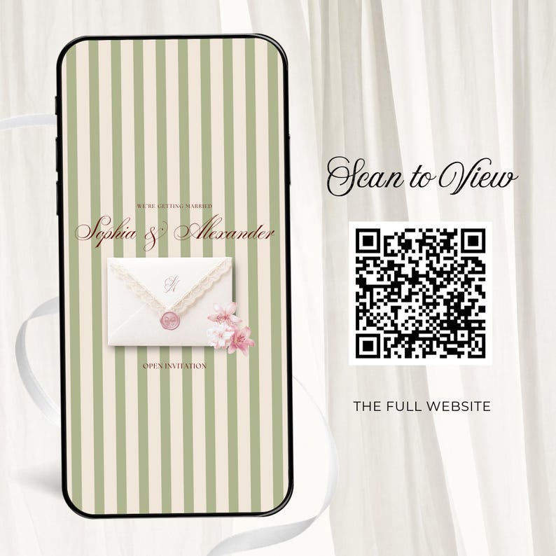 Elegant pink and green floral wedding website template displayed on a smartphone screen, featuring a digital invitation envelope and a scan to view QR code for digital RSVP.