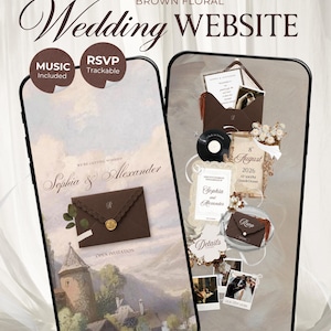 Könnte beinhalten: Zwei Smartphones zeigen eine braune florale Hochzeits-Website-Vorlage mit dem Titel Vow & Veils. Die Bildschirme zeigen Sophia & Alexander, einen offenen braunen Umschlag mit Wachssiegel, RSVP-Optionen, Veranstaltungsdetails, Fotos und einen Countdown-Timer von 9:04:46:30.
