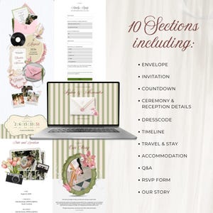 Elegant pink and green floral wedding website template displayed on a laptop. This editable Canva website features 10 digital invitation sections including a save the date, digital RSVP form, countdown timer, and musical invitation for your 2026 wedding.