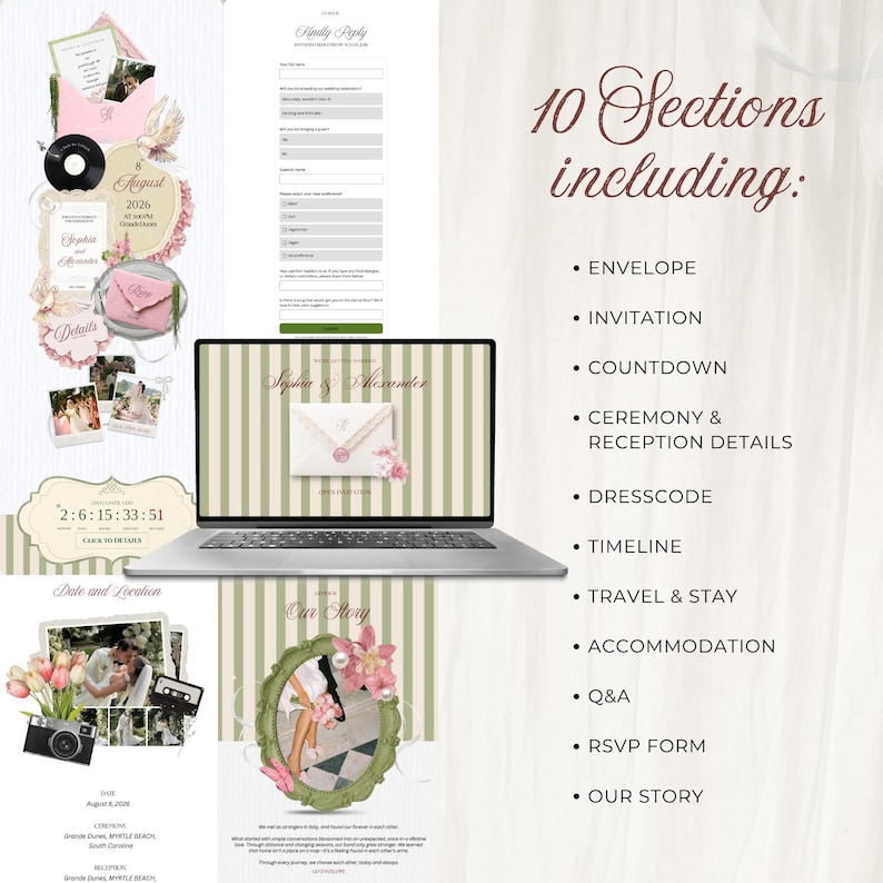 Elegant pink and green floral wedding website template displayed on a laptop. This editable Canva website features 10 digital invitation sections including a save the date, digital RSVP form, countdown timer, and musical invitation for your 2026 wedding.