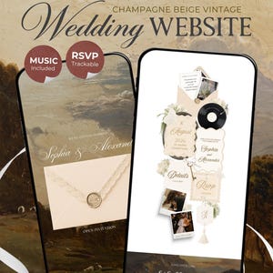 May include: Two smartphones displaying a champagne beige vintage wedding website template. The screens show text including Vow & Veils, Wedding Website, Music Included, RSVP Trackable, Sophia & Alexander, 8 August 2026, and a countdown timer.