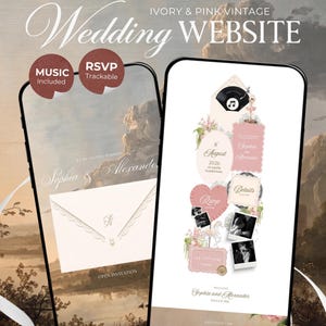Könnte beinhalten: Zwei Smartphones zeigen eine Hochzeits-Website-Vorlage in Elfenbein und Rosa. Die Bildschirme enthalten Text wie Vow & Veils, Wedding WEBSITE, Sophia & Alexander, 8 August 2026, RSVP, Details und einen Countdown-Timer mit 5:21:00:03:04.