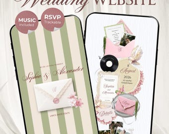 Pink & Green Floral Wedding Website Template with RSVP, Music and Countdown Timer: Editable Canva Website (Digital Download)