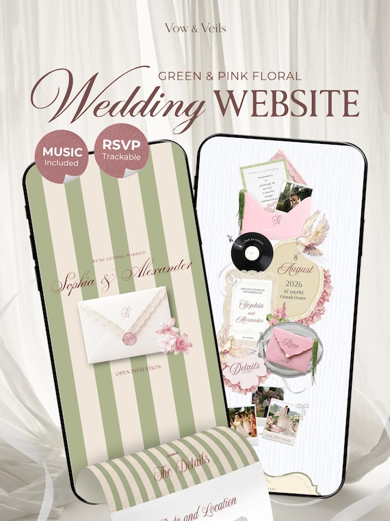 Pink & Green Floral Wedding Website Template with RSVP, Music and Countdown Timer: Editable Canva Website (Digital Download)