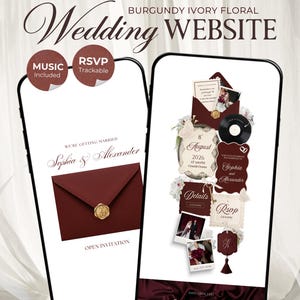 May include: Two smartphones displaying a burgundy and ivory floral wedding website template. The screens feature text including Vow & Veils, Wedding WEBSITE, Sophia & Alexander, 8 August 2026, Details, Rsvp, and a countdown timer with 6 days remaining.