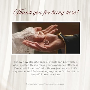 Thank you and digital product information card for an elegant pink and green floral wedding website template. Features a photo of hands holding wedding rings, confirming this is an editable Canva website with a digital RSVP and musical invitation.