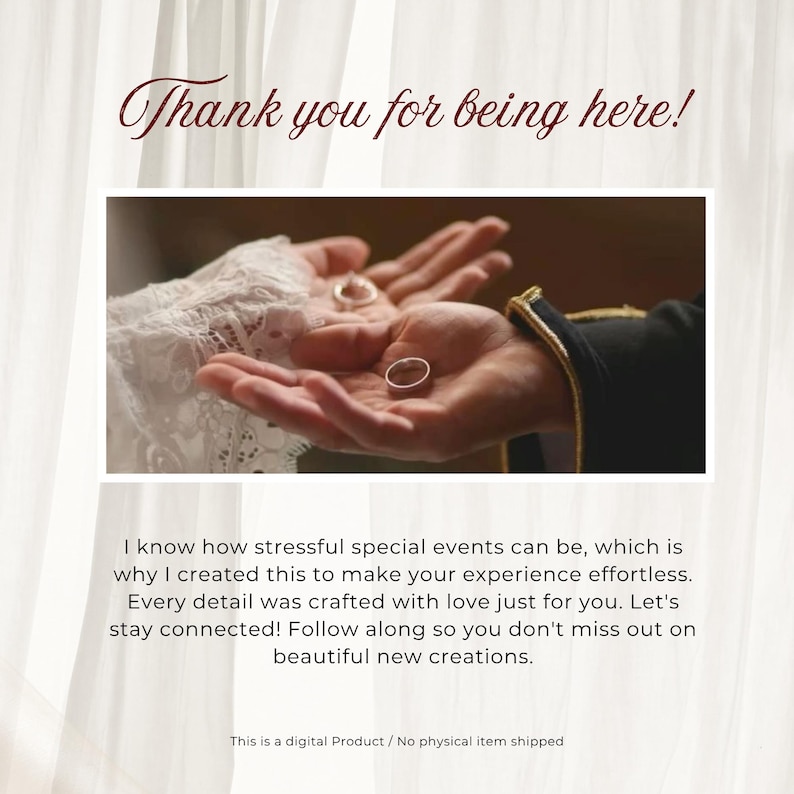 Thank you and digital product information card for an elegant pink and green floral wedding website template. Features a photo of hands holding wedding rings, confirming this is an editable Canva website with a digital RSVP and musical invitation.
