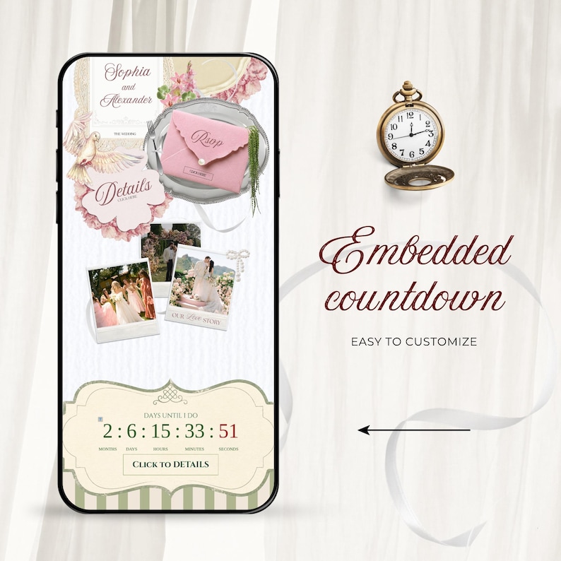 Smartphone displaying an elegant pink and green floral wedding website template featuring an embedded countdown timer, digital RSVP envelope, and photo gallery. Editable Canva digital invitation.