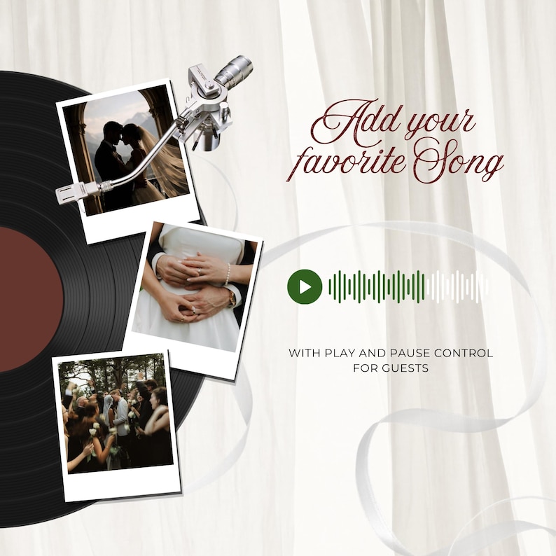 Graphic for an elegant Pink Green Floral wedding website template highlighting the musical invitation feature. The Canva website design displays a vinyl record, wedding polaroids, and a green audio waveform player to add your favorite song with play and pause controls.