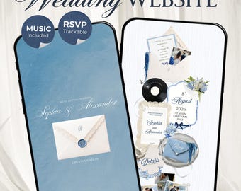 Dusty Blue Floral Wedding Website Template with RSVP, Music and Countdown Timer | Editable Canva Website (Digital Download)