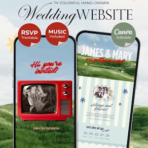 Peut inclure: Deux smartphones affichent un modèle de site web de mariage dessiné à la main. Les écrans présentent un graphique de télévision vintage rouge, le texte "Hi, you're invited!", "JAMES & MARY are getting married!", "Always and forever!" et un compte à rebours.