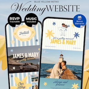 May include: A digital wedding website template featuring a blue and yellow retro theme. The design includes striped backgrounds, star illustrations, and photo placeholders. Text includes "BLUE YELLOW RETRO Wedding WEBSITE", "JAMES & MARY", "Details", "Our Story", and "Always and forever!"
