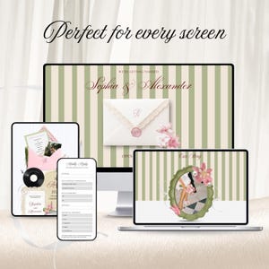 Pink and green floral wedding website template displayed across desktop, laptop, tablet, and mobile screens. This elegant digital invitation features an editable Canva website, a digital RSVP form, a pink wax seal envelope, a green vintage photo frame, and a musical vinyl record.