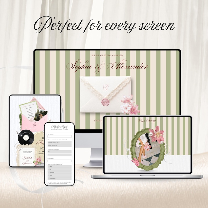 Pink and green floral wedding website template displayed across desktop, laptop, tablet, and mobile screens. This elegant digital invitation features an editable Canva website, a digital RSVP form, a pink wax seal envelope, a green vintage photo frame, and a musical vinyl record.