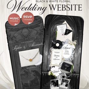 May include: Two smartphones displaying a black and white floral wedding website template. The screens feature text including Vow & Veils, Wedding Website, Sophia & Alexander, August 8th 2026, RSVP, and Details, alongside graphics of envelopes, a vinyl record, and photos.