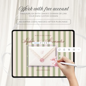 Hand using a stylus to edit a pink and green floral digital invitation on a tablet. Editable Canva wedding website template with free publishing.
