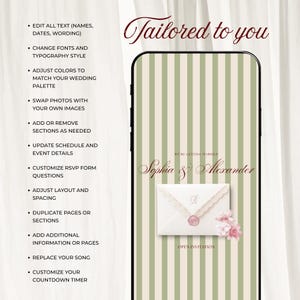 Editable pink and green floral wedding website template displayed on a smartphone screen. This elegant digital invitation features a green striped background, a white envelope with a pink wax seal, floral accents, a digital RSVP, and customizable Canva website options.