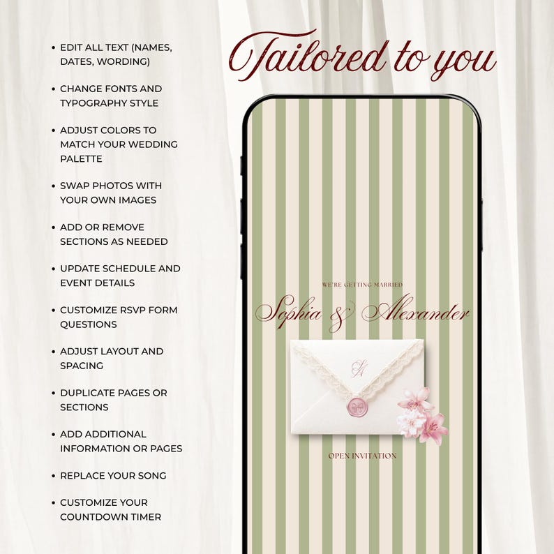 Editable pink and green floral wedding website template displayed on a smartphone screen. This elegant digital invitation features a green striped background, a white envelope with a pink wax seal, floral accents, a digital RSVP, and customizable Canva website options.