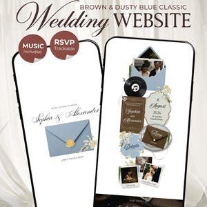 Brown & Dusty Blue Wedding Website Template with RSVP, Music and Countdown Timer: Editable Canva Design (Digital Download)