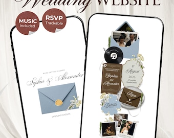 Brown & Dusty Blue Wedding Website Template with RSVP, Music and Countdown Timer: Editable Canva Design (Digital Download)