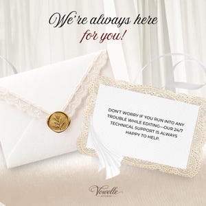 24/7 technical support card with an elegant lace envelope and gold wax seal for your Pink Green Floral Wedding Website Template. We help you easily customize this Editable Canva Website and digital invitation.