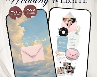 Blush Pink & Blue Floral Wedding Website Template with RSVP, Music and Countdown Timer: Canva Editable Template (Digital Download)