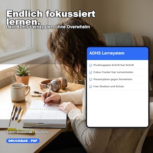 Könnte beinhalten: Ein digitales Lernsystem für ADHS mit einer blau-weißen Checkliste, die den Text Pruefungsplan Schritt fuer Schritt, Fokus-Tracker fuer Lerneinheiten, Pausenplaner gegen Overwhelm und Fuer Studium und Schule enthält, bereitgestellt als PDF-Datei.