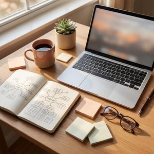 Può includere: Un computer portatile argentato, un taccuino aperto con mappe mentali disegnate a mano, una tazza in ceramica rosa piena di caffè nero, una piccola pianta grassa verde in un vaso beige, una penna marrone, occhiali e vari post-it quadrati su una scrivania.