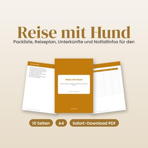 Travel with your dog - printable planner - packing list, itinerary, accommodations, emergency information | German A4 PDF