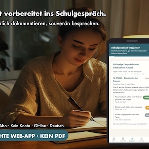 Könnte beinhalten: Ein Smartphone zeigt die Benutzeroberfläche der Web-App Schulgespräch-Begleiter mit deutschem Text, einer Liste von Schulgesprächsnotizen, Statusanzeigen und Daten, sowie dem Text Gut vorbereitet ins Schulgespräch.