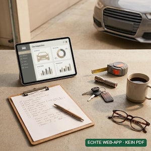 Könnte beinhalten: Ein Tablet mit einem Auto-Inspektions-Dashboard, ein hölzernes Klemmbrett mit handschriftlicher Checkliste und Stift, ein graues Maßband, eine Metalltaschenlampe, ein Schlüsselbund mit Lederanhänger, eine Keramiktasse und eine Brille.