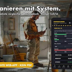 Op de afbeelding: Een smartphone toont een web-app voor het bijhouden van renovatiebudgetten met de tekst Sanierungs-Ordner, Budget Soll/Ist en diverse kostencategorieën. Het scherm toont financiële gegevens in euro's, inclusief totalen voor geplande en werkelijke kosten.