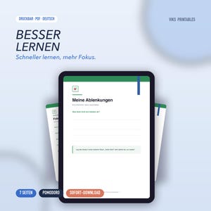 May include: A digital study planner displayed on a tablet screen featuring the German text BESSER LERNEN, Schneller lernen, mehr Fokus, Meine Ablenkungen, and Was lenkt mich am meisten ab. The document includes a green header and a small target icon.