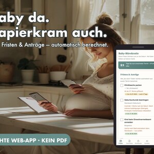 Könnte beinhalten: Ein Smartphone zeigt eine Web-App-Oberfläche mit dem Titel Baby-Bürokratie und einer Aufgabenliste wie Kliniktasche packen und Geburtsurkunde beantragen. Der Bildschirm zeigt einen Countdown von 21 Tagen sowie verschiedene Fristen an.