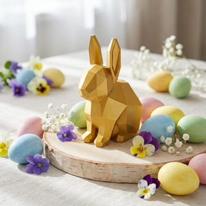 May include: A gold-colored, geometric-shaped rabbit figurine sits on a circular wooden slice. The rabbit is surrounded by several pastel-colored Easter eggs in shades of blue, yellow, pink, and green, along with small purple and yellow pansy flowers.