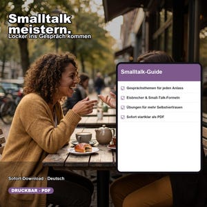 Könnte beinhalten: Ein digitaler Ratgeber mit dem Titel Smalltalk-Guide, violettem Kopfbereich und einer weißen Liste mit Inhalten wie Gesprächsthemen, Eisbrechern, Übungen für Selbstvertrauen und PDF-Verfügbarkeit. Text: Smalltalk meistern.
