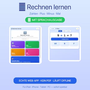 Rechnen lernen fuer Kinder Web-App mit Sprachausgabe | Zahlen Plus Minus Mal | Deutsch iPad iPhone | offline | kein PDF Sofort-Download