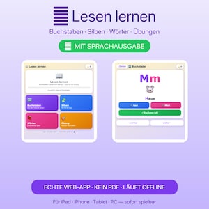 Lesen lernen fuer Kinder Web-App mit Sprachausgabe | Buchstaben Silben Woerter | Deutsch iPad iPhone | offline | kein PDF Sofort-Download