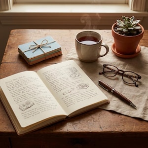 Könnte beinhalten: Ein offenes Notizbuch mit handschriftlichem Text und kleinen Skizzen, ein Stapel heller Karten mit Bindfaden, eine dampfende Keramiktasse, ein brauner Stift und eine Schildpattbrille auf einem beigen Tuch neben einer Topf-Sukkulente.