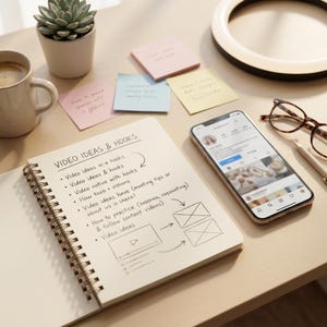 May include: A spiral-bound notebook with handwritten text titled VIDEO IDEAS & HOOKS, a smartphone displaying a social media profile, a ceramic mug with coffee, a small succulent in a pot, eyeglasses, and several colorful sticky notes on a desk.