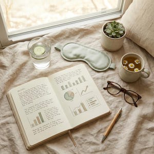 May include: An open notebook with handwritten text and hand-drawn charts, a light green sleep mask, a glass of water with a cucumber slice, a small succulent in a pot, a ceramic mug with chamomile tea, and brown-rimmed glasses with a pen.