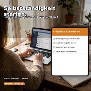 Könnte beinhalten: Ein digitales Freelancer Business-Kit als Notion-Vorlage mit Rechnungs- und Angebotsvorlagen, einem Business-Planer und einem Starter-Kit. Der Text lautet: Selbstständigkeit starten. Rechnungen, Angebote & Planung griffbereit.