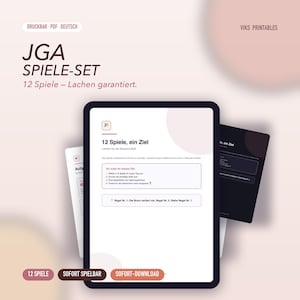 May include: A digital JGA Spiele-Set printable document displayed on a tablet screen. The text includes JGA SPIELE-SET, 12 Spiele – Lachen garantiert, 12 Spiele, ein Ziel, and instructions for use. The design features a light background with dark text.