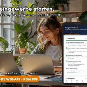 Könnte beinhalten: Ein Smartphone zeigt eine App zur Gründung eines Kleingewerbes mit dem Titel Kleingewerbe-Starter und einem Fortschrittsbalken bei 81 Prozent, ergänzt durch den Text Kleingewerbe starten, Checklisten, Fristen, Finanzen und ECHTE WEB-APP KEIN PDF.
