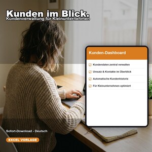 Könnte beinhalten: Ein digitales Kunden-Dashboard für Kleinunternehmen auf einem Bildschirm mit orangefarbener Kopfzeile, das Funktionen wie zentrale Kundendatenverwaltung, Umsatzübersicht, automatische Kundenhistorie und Optimierung auflistet.