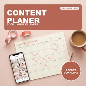 Könnte beinhalten: Ein Monatskalender mit handschriftlichen Notizen in einem Raster, begleitet von einem Smartphone mit Social-Media-Feed, einem Stift und zwei Rollen Washi-Tape. Der Text lautet CONTENT PLANER SOCIAL MEDIA KALENDER und DRUCKBAR PDF.
