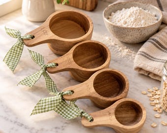 Wood Measuring Cups Set of 4, Stackable Wooden Measuring Cups with Handles, Rustic Kitchen Baking & Cooking Tools