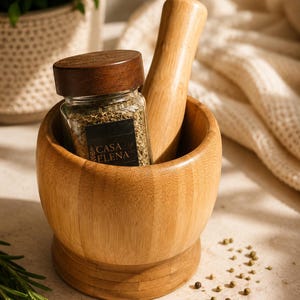 May include: A light-colored wooden mortar and pestle set containing a glass spice jar with a dark wooden lid. The jar features a black label with the text CASA ELENA printed in white. Scattered peppercorns are visible near the base of the mortar.