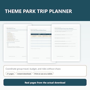 Puede incluir: Un planificador digital de viajes a parques temáticos con tres páginas blancas y texto en negro. Las páginas incluyen una tarjeta de referencia rápida, una tabla de planificación diaria y una hoja de trabajo de impacto.