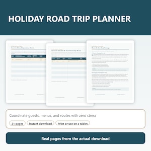 Holiday Road Trip Planner | Guest Menu Matrix | Task Tracker | Budget Log | Route Strategy | Digital PDF